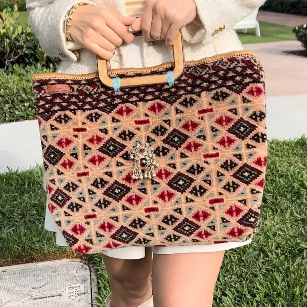 Boho Patterned Tote Bag with Wooden Handles - Beige, Red, Black - Picture 2 of 2